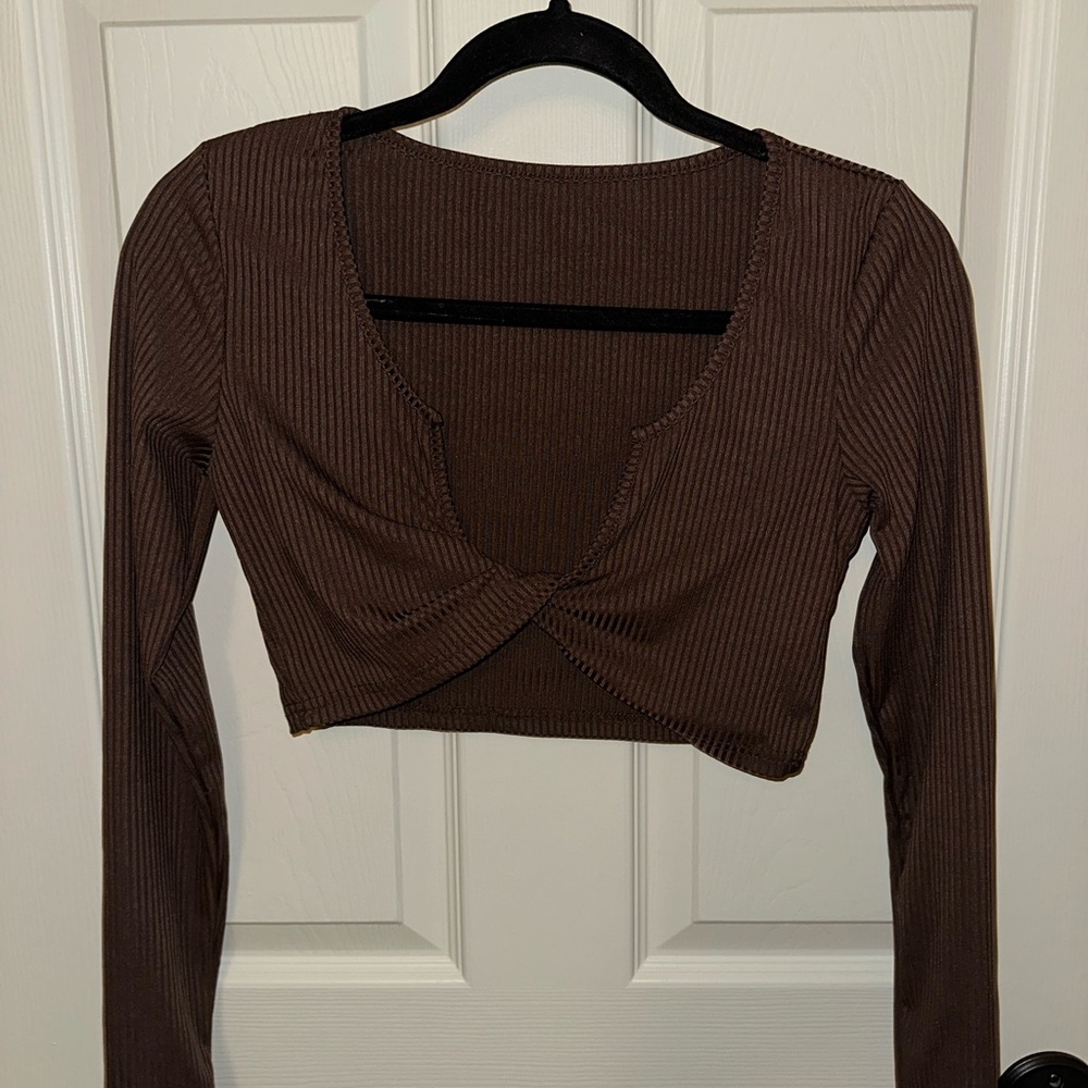 Brown Ribbed Long Sleeve Crop Top